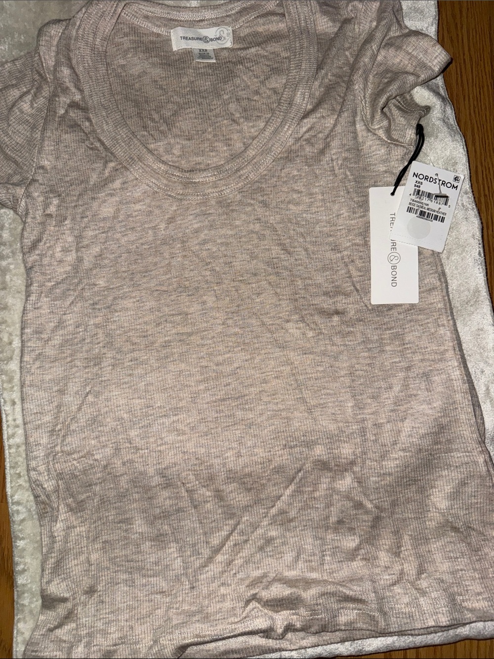 Treasure & Bond Ribbed Scoop Neck Short Sleeve Tank - Light Taupe